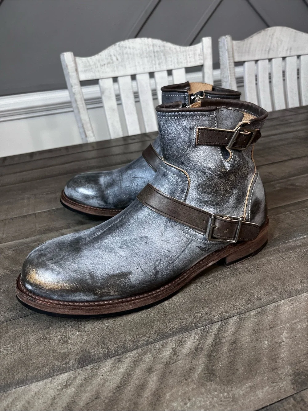 Freebird Railroad Rugged Men's Gray Leather Buckle Zipper Distressed Boots 10